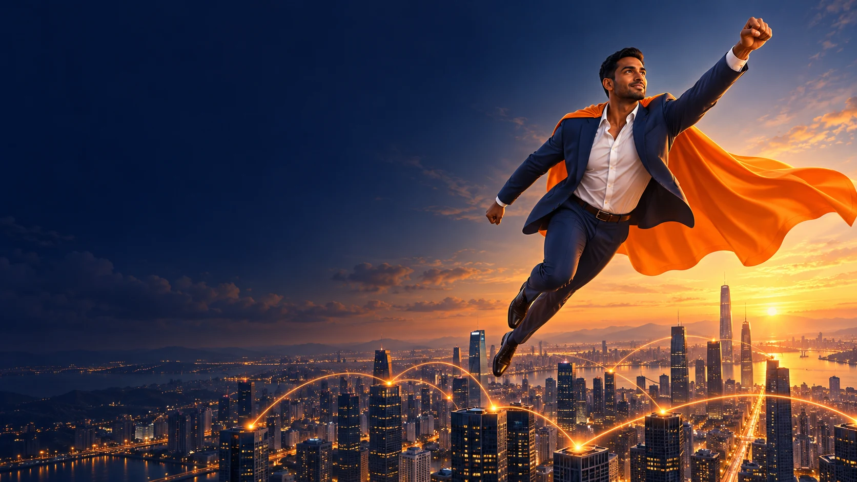 Illustration of a business professional with an orange cape soaring above a connected city
