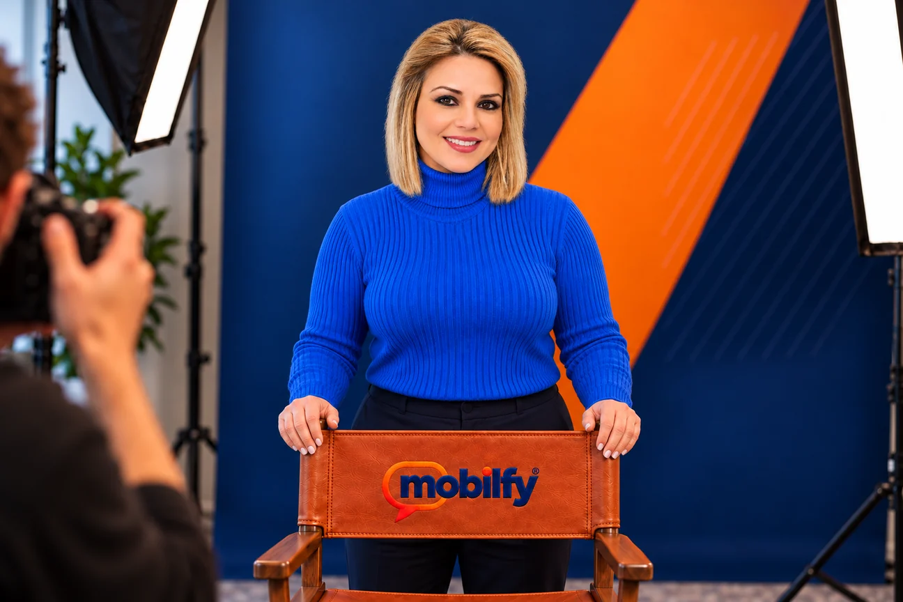 Alla Shimanovich in a studio portrait, standing behind a leather director’s chair embroidered with the Mobilfy logo