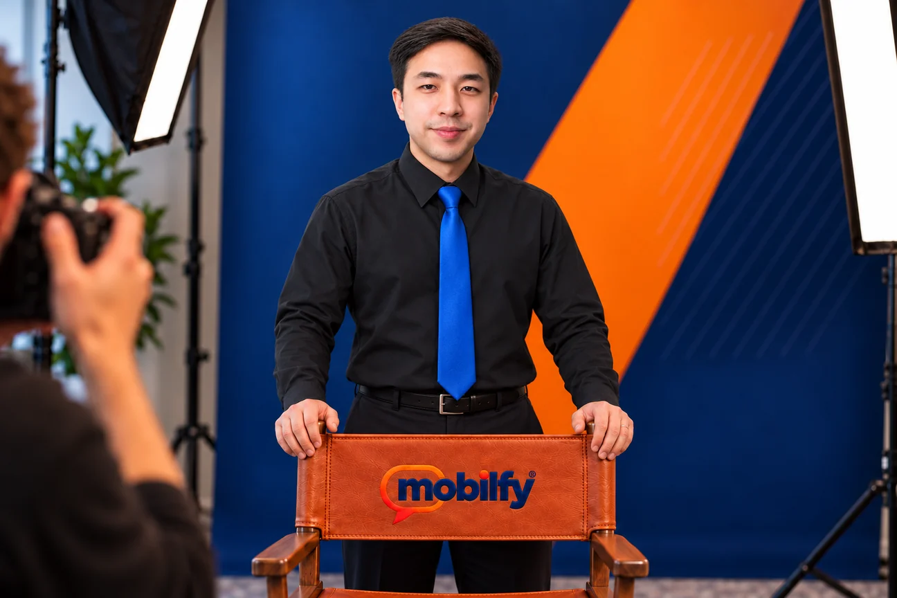 Dan Song in a studio portrait, standing behind a leather director’s chair embroidered with the Mobilfy logo