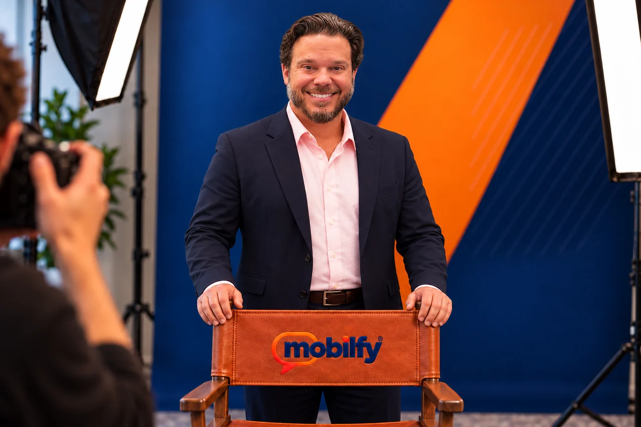 Dave Terlizzi in a studio portrait, standing behind a leather director’s chair embroidered with the Mobilfy logo