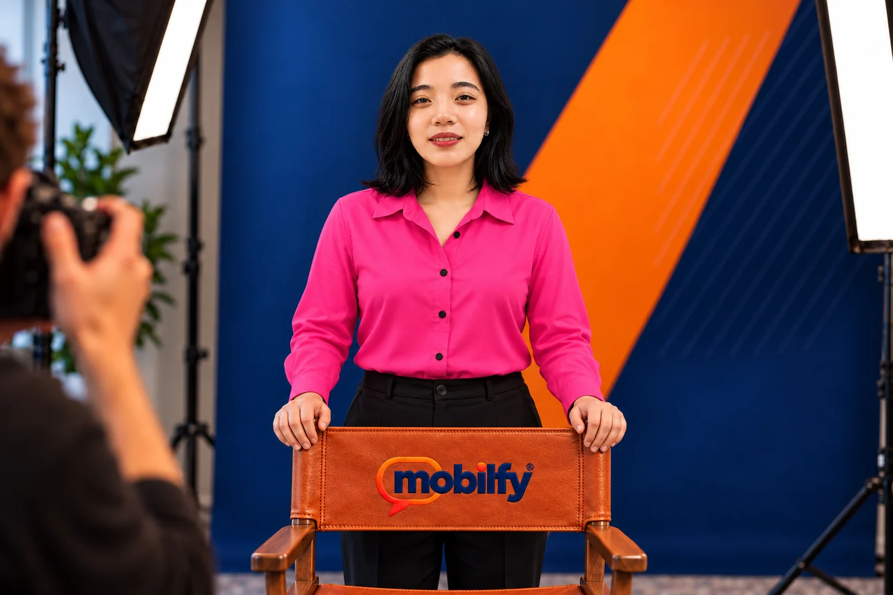 Hanivi Burgos in a studio portrait, standing behind a leather director’s chair embroidered with the Mobilfy logo