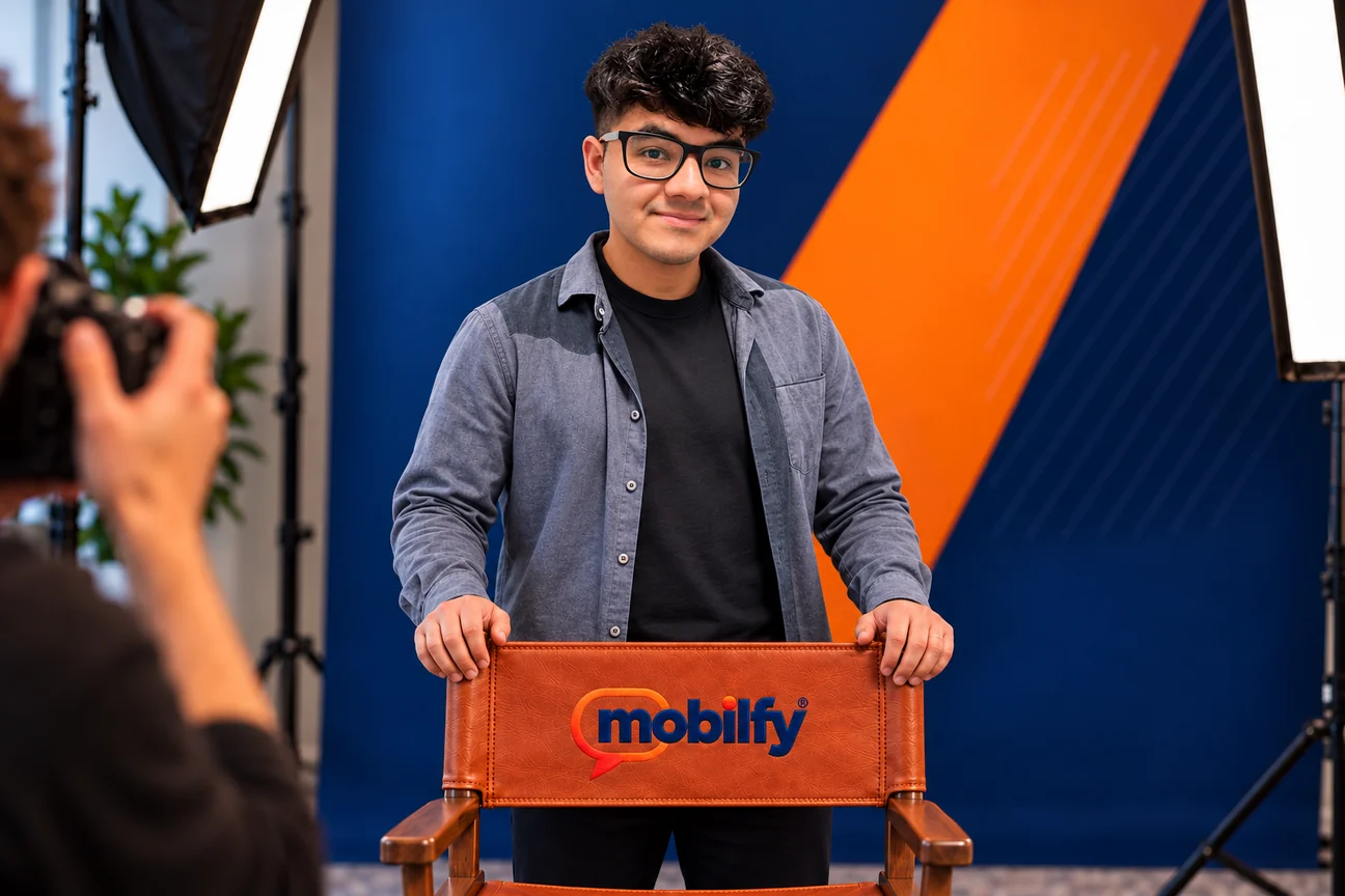 Jenson Mendez in a studio portrait, standing behind a leather director’s chair embroidered with the Mobilfy logo