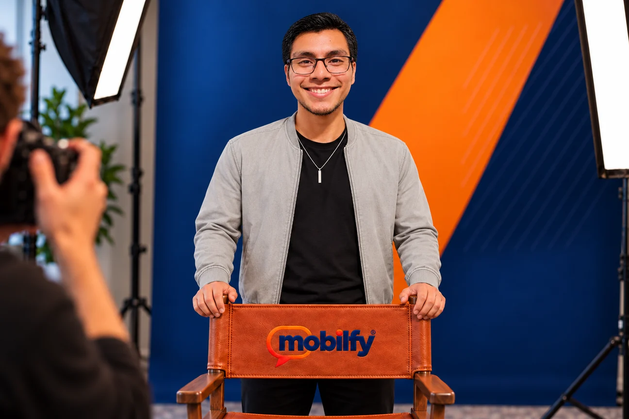 John Tzic in a studio portrait, standing behind a leather director’s chair embroidered with the Mobilfy logo