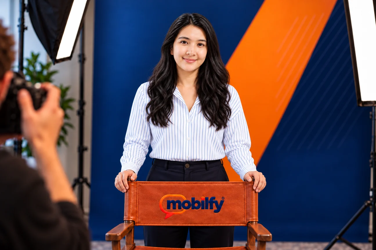 Kim Cabelete in a studio portrait, standing behind a leather director’s chair embroidered with the Mobilfy logo