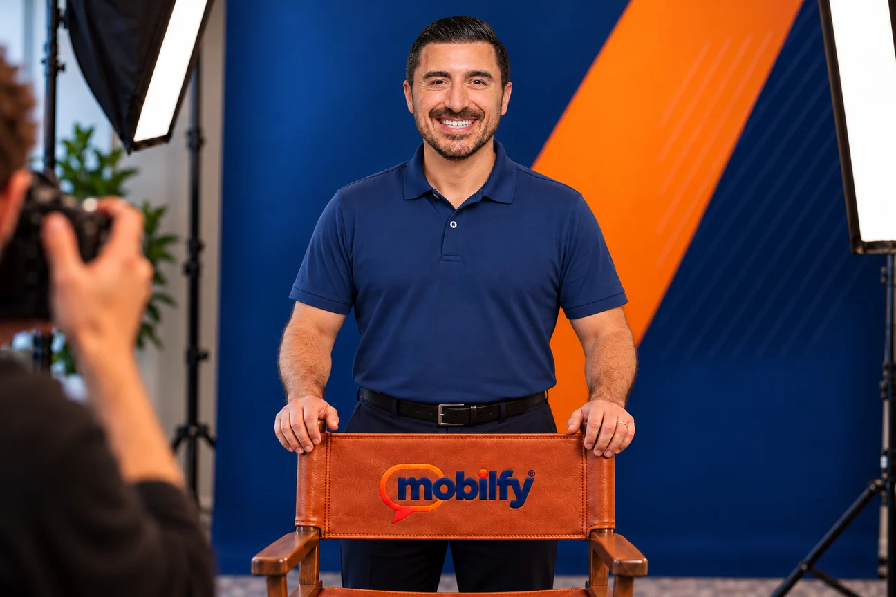 Luke LaPresta in a studio portrait, standing behind a leather director’s chair embroidered with the Mobilfy logo