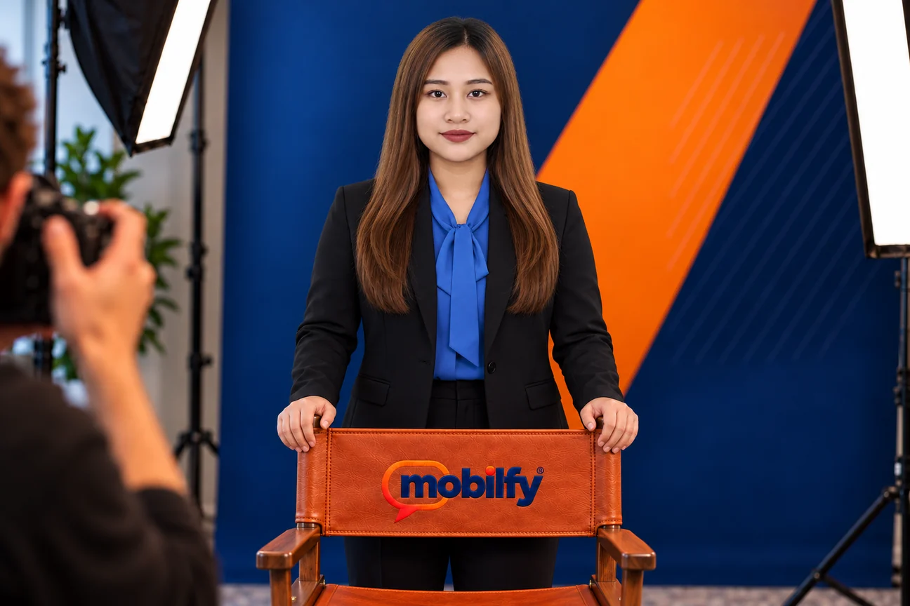 Marsha Madalag in a studio portrait, standing behind a leather director’s chair embroidered with the Mobilfy logo