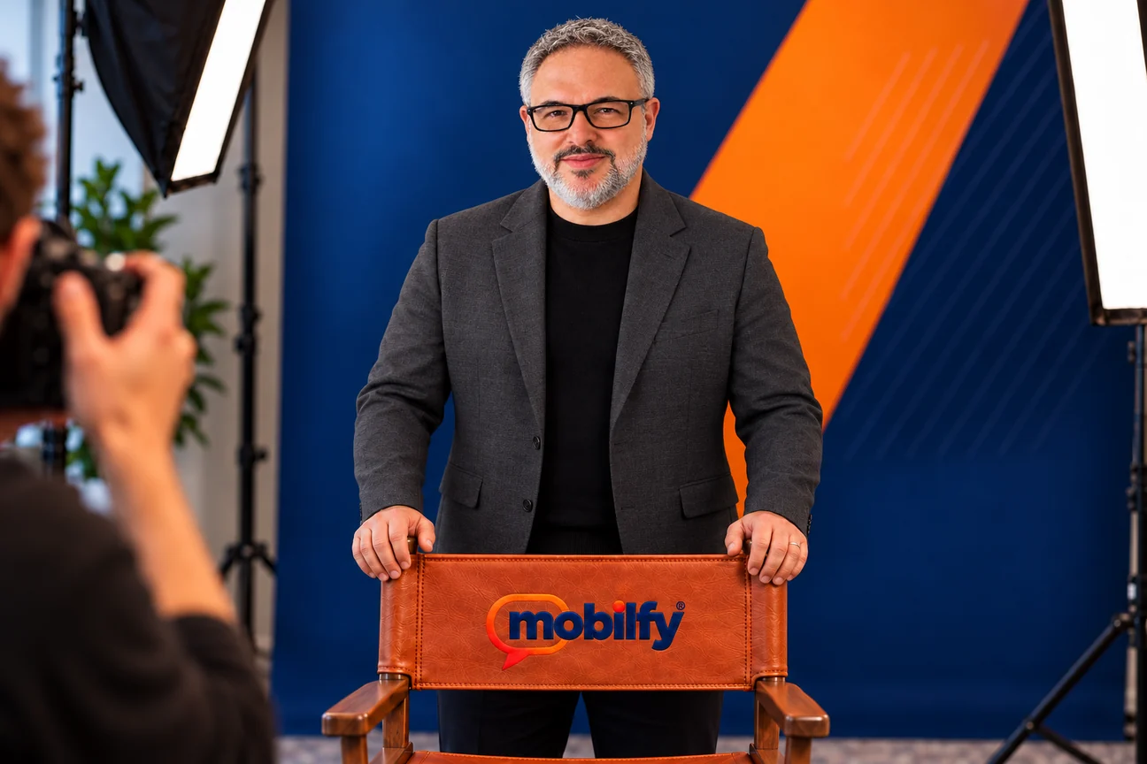 Scott Ross in a studio portrait, standing behind a leather director’s chair embroidered with the Mobilfy logo