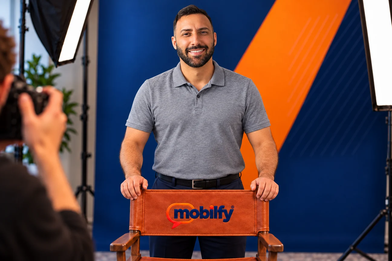 Soly Salem in a studio portrait, standing behind a leather director’s chair embroidered with the Mobilfy logo