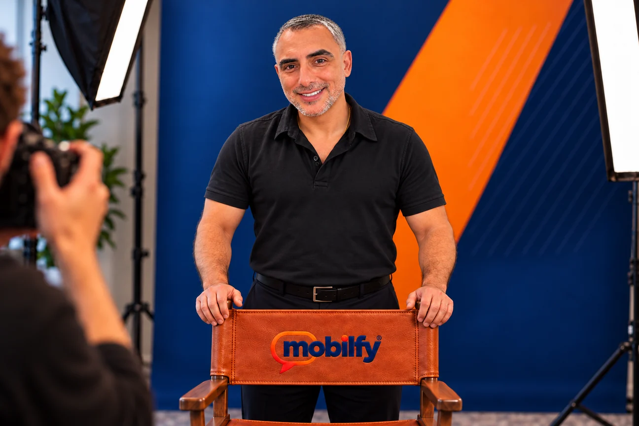 Tony Ross in a studio portrait, standing behind a leather director’s chair embroidered with the Mobilfy logo