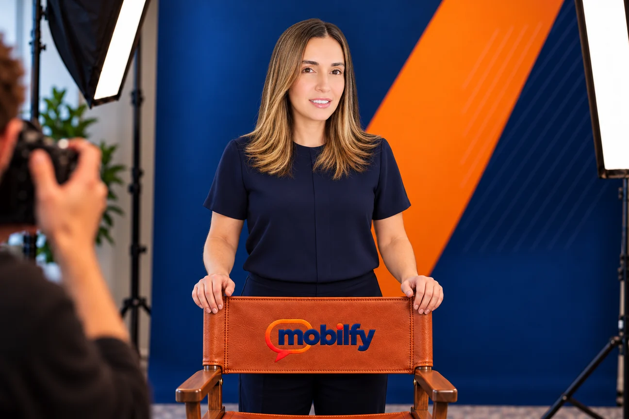 Vivian Restrepo in a studio portrait, standing behind a leather director’s chair embroidered with the Mobilfy logo